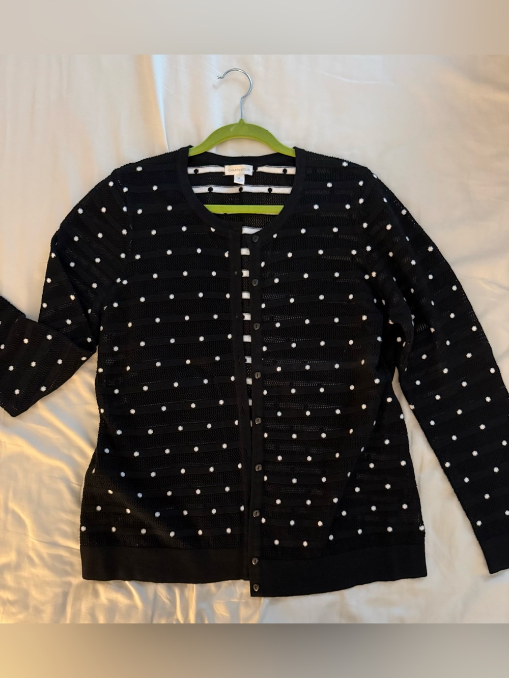 Charter Club Black Cardigan Sweater with White Polka Dots
